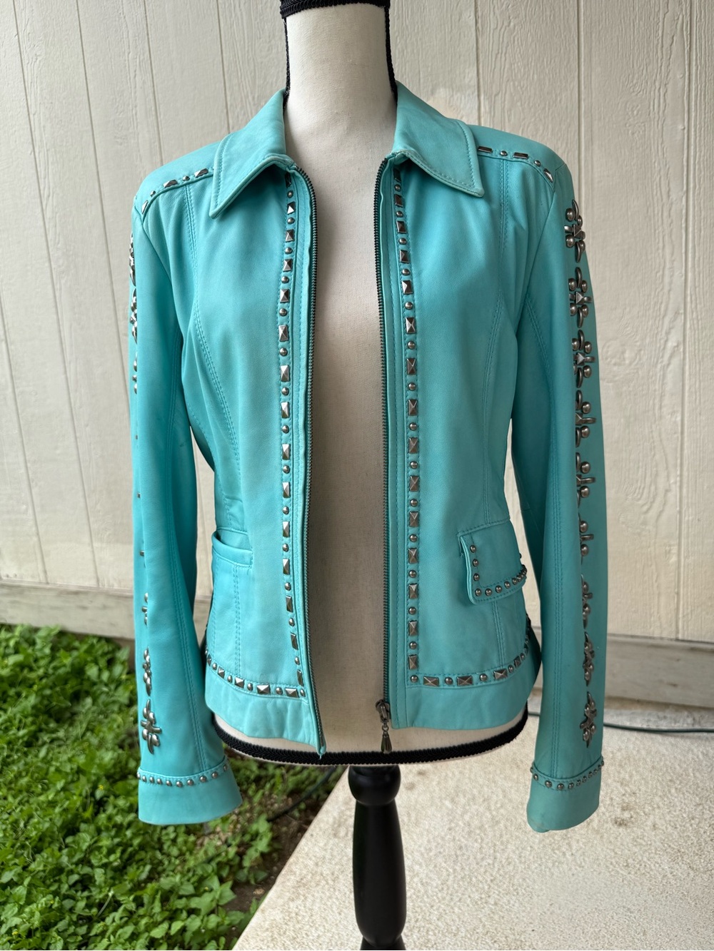 Cripple Creek Turquoise Teal Studded Leather Lined Western Jacket Medium